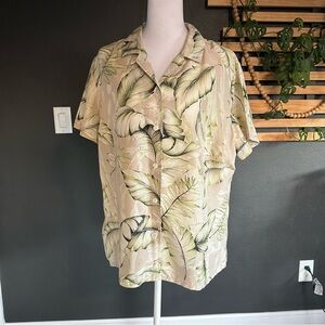 Linden Cream and Green Leaf Print Women's Button Down Shirt 100% silk
